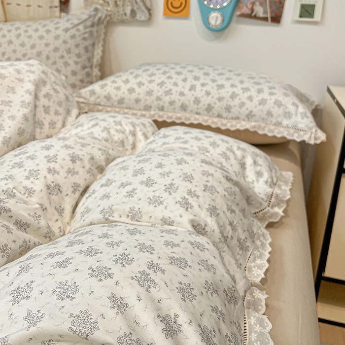 91家纺网 家纺一手货源 找家纺 橙子家居 2025新款小清新全棉纯棉花边款床单四件套 舒芙蕾