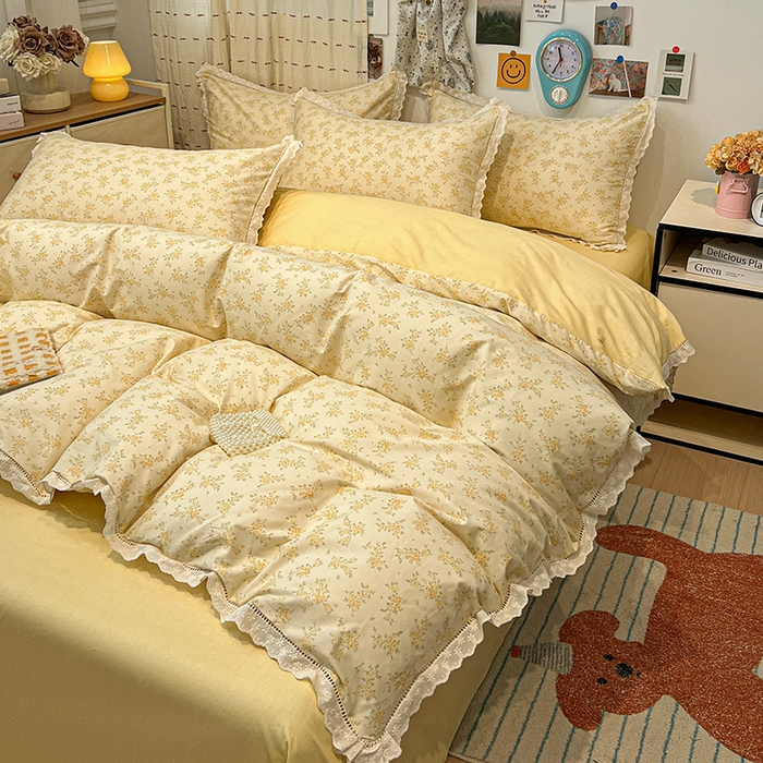 91家纺网 家纺一手货源 找家纺 橙子家居 2025新款小清新全棉纯棉花边款床单四件套 琥珀流光