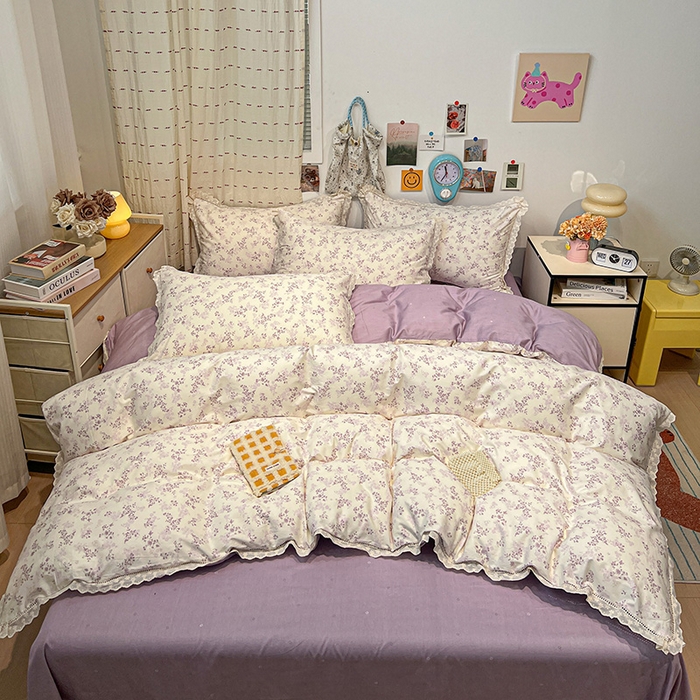 91家纺网 家纺一手货源 找家纺 （总）橙子家居 2025新款小清新全棉纯棉花边款床单四件套