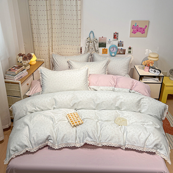 91家纺网 家纺一手货源 找家纺 橙子家居 2025新款小清新全棉纯棉花边款床单四件套 玲娜