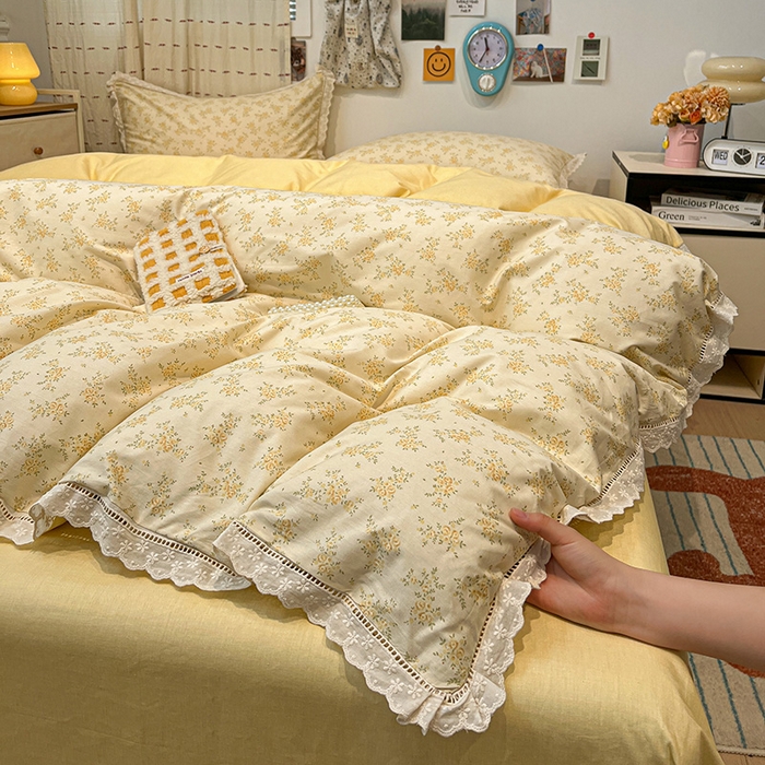 91家纺网 家纺一手货源 找家纺 （总）橙子家居 2025新款小清新全棉纯棉花边款床单四件套