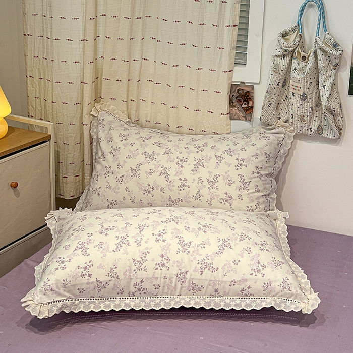 91家纺网 家纺一手货源 找家纺 橙子家居 2025新款小清新全棉纯棉花边款床单四件套 春风里-紫