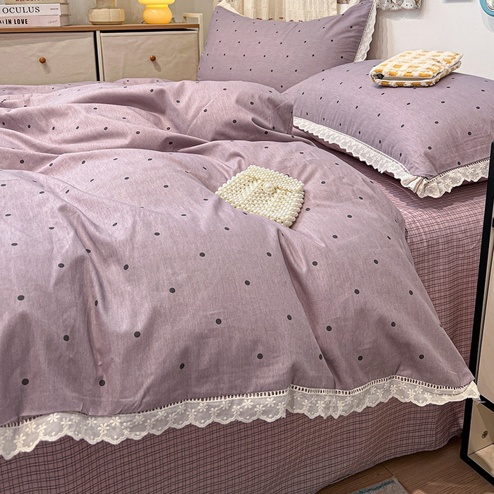 91家纺网 家纺一手货源 找家纺 橙子家居 2025新款小清新全棉纯棉花边款床单四件套 芋泥啵啵