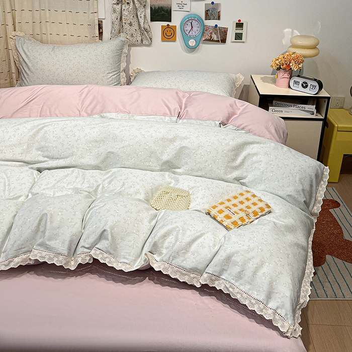 91家纺网 家纺一手货源 找家纺 橙子家居 2025新款小清新全棉纯棉花边款床单四件套 玲娜