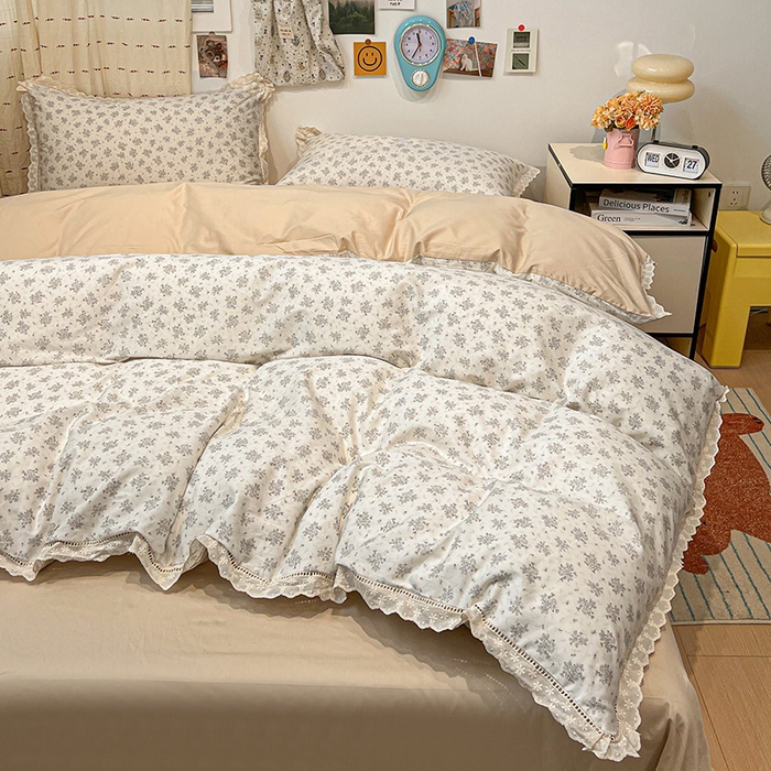 91家纺网 家纺一手货源 找家纺 橙子家居 2025新款小清新全棉纯棉花边款床单四件套 舒芙蕾