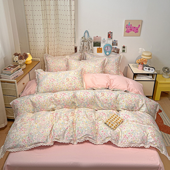 91家纺网 家纺一手货源 找家纺 橙子家居 2025新款小清新全棉纯棉花边款床单四件套 梦幻花园兔