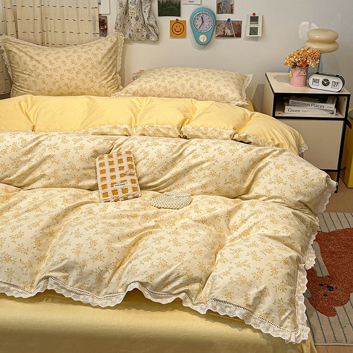 91家纺网 家纺一手货源 找家纺 橙子家居 2025新款小清新全棉纯棉花边款床单四件套 琥珀流光