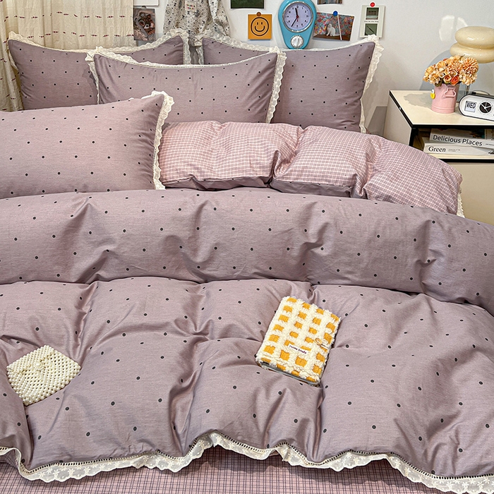 91家纺网 家纺一手货源 找家纺 橙子家居 2025新款小清新全棉纯棉花边款床单四件套 芋泥啵啵