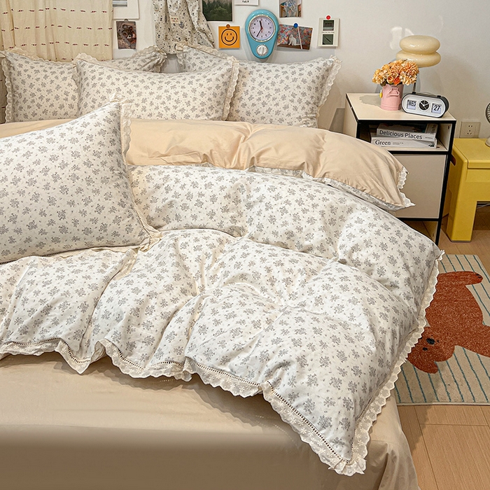 91家纺网 家纺一手货源 找家纺 橙子家居 2025新款小清新全棉纯棉花边款床单四件套 舒芙蕾