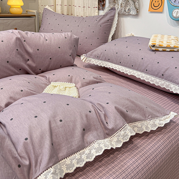 91家纺网 家纺一手货源 找家纺 橙子家居 2025新款小清新全棉纯棉花边款床单四件套 芋泥啵啵