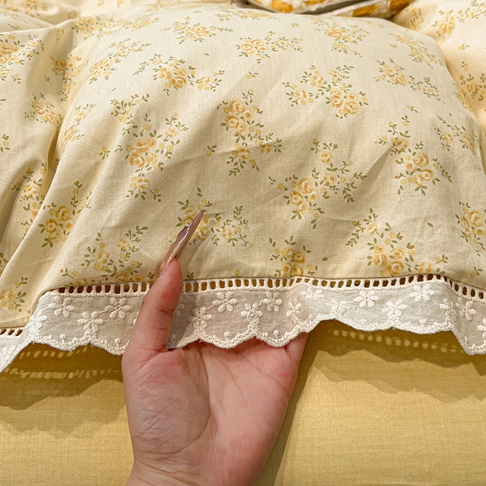 91家纺网 家纺一手货源 找家纺 橙子家居 2025新款小清新全棉纯棉花边款床单四件套 琥珀流光