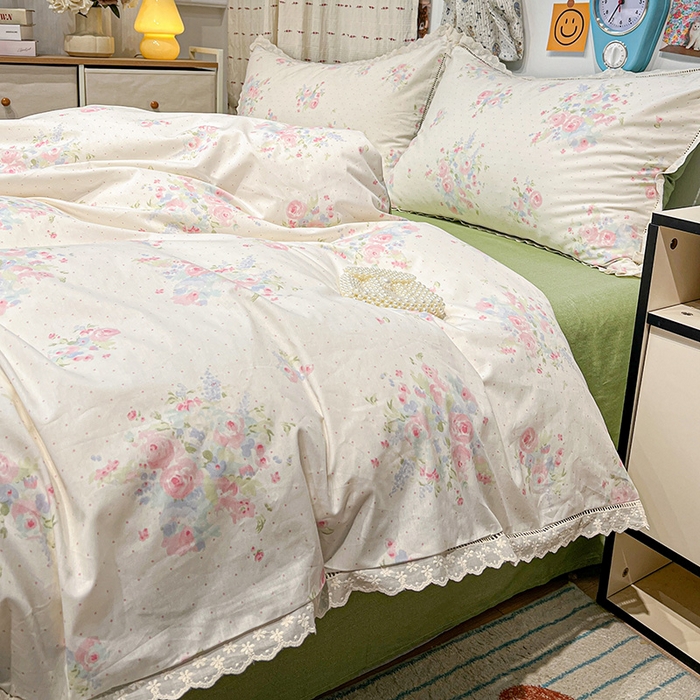 91家纺网 家纺一手货源 找家纺 橙子家居 2025新款小清新全棉纯棉花边款床单四件套 甜甜夏日