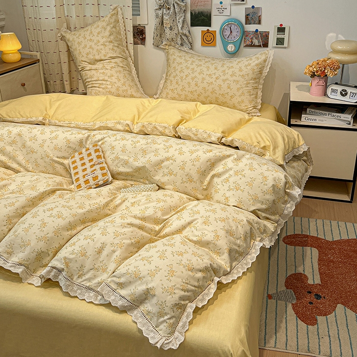 91家纺网 家纺一手货源 找家纺 橙子家居 2025新款小清新全棉纯棉花边款床单四件套 琥珀流光