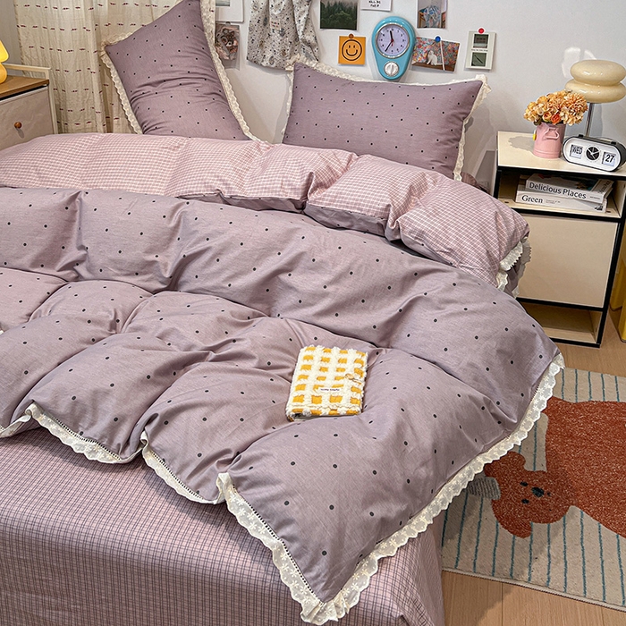 91家纺网 家纺一手货源 找家纺 橙子家居 2025新款小清新全棉纯棉花边款床单四件套 芋泥啵啵