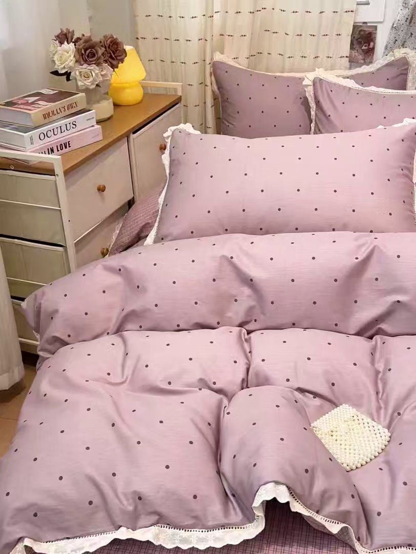 91家纺网 家纺一手货源 找家纺 橙子家居 2025新款小清新全棉纯棉花边款床单四件套 芋泥啵啵