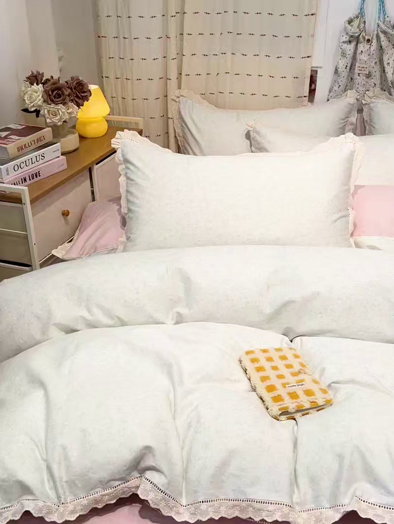 91家纺网 家纺一手货源 找家纺 橙子家居 2025新款小清新全棉纯棉花边款床单四件套 玲娜