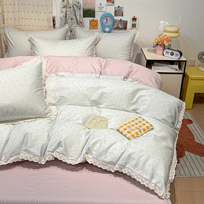 91家纺网 家纺一手货源 找家纺 橙子家居 2025新款小清新全棉纯棉花边款床单四件套 玲娜