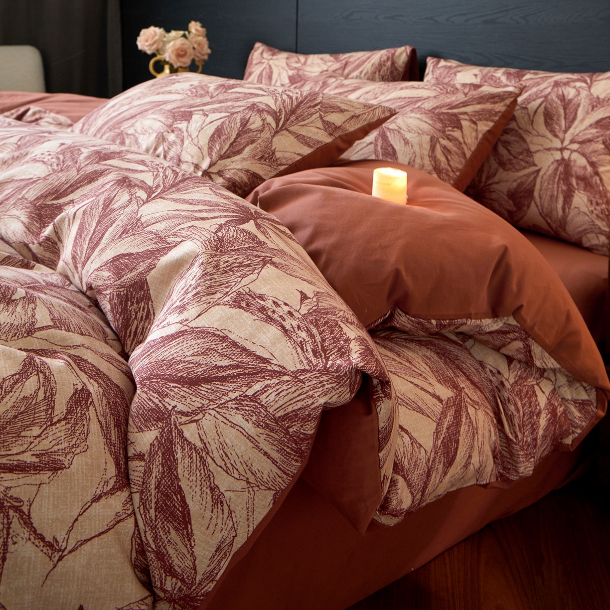 蓝邻家纺 2025新款全棉纯棉加厚磨毛法式复古风四件套 花颜-红