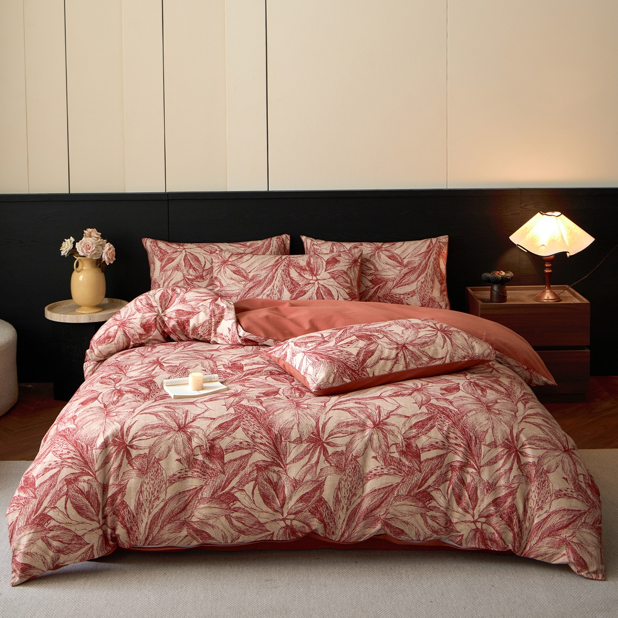 91家纺网 家纺一手货源 找家纺 蓝邻家纺 2025新款全棉纯棉加厚磨毛法式复古风四件套 花颜-红