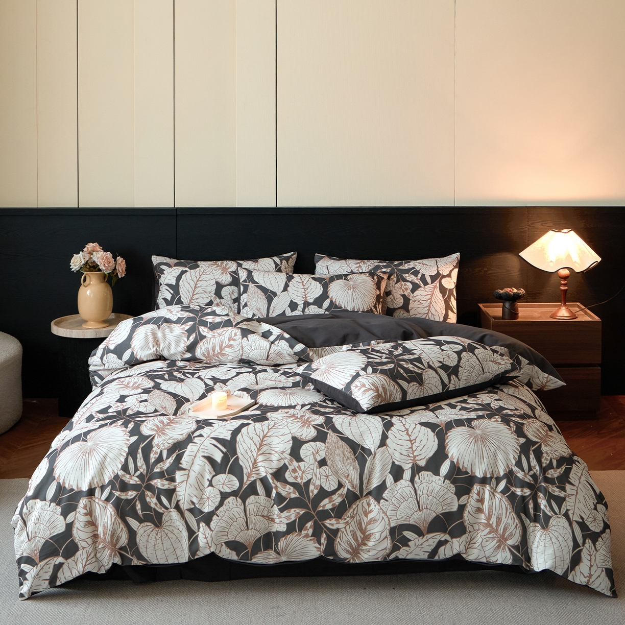 91家纺网 家纺一手货源 找家纺 蓝邻家纺 2025新款全棉纯棉加厚磨毛法式复古风四件套 蕉叶