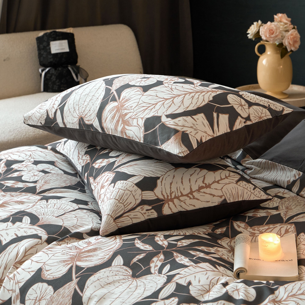 91家纺网 家纺一手货源 找家纺 蓝邻家纺 2025新款全棉纯棉加厚磨毛法式复古风四件套 蕉叶