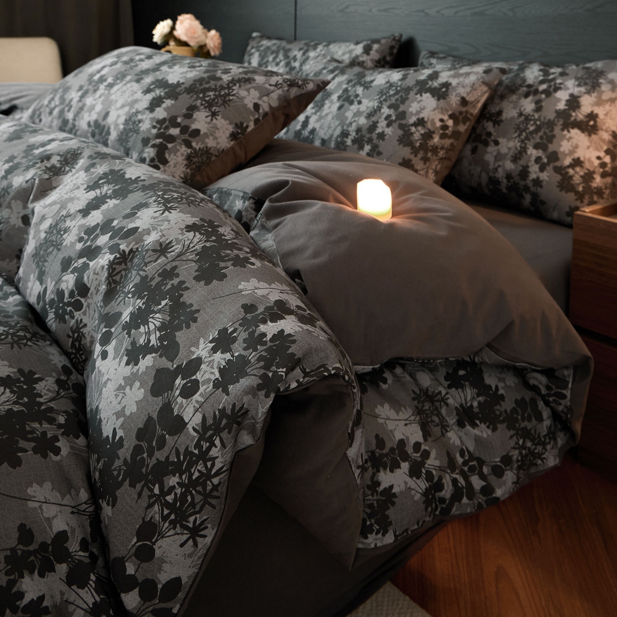 蓝邻家纺 2025新款全棉纯棉加厚磨毛法式复古风四件套 漫枝-灰