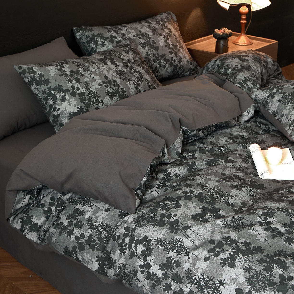 91家纺网 家纺一手货源 找家纺 蓝邻家纺 2025新款全棉纯棉加厚磨毛法式复古风四件套 漫枝-灰