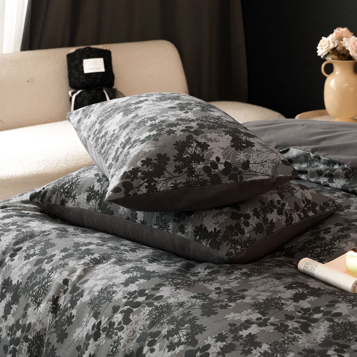 91家纺网 家纺一手货源 找家纺 蓝邻家纺 2025新款全棉纯棉加厚磨毛法式复古风四件套 漫枝-灰