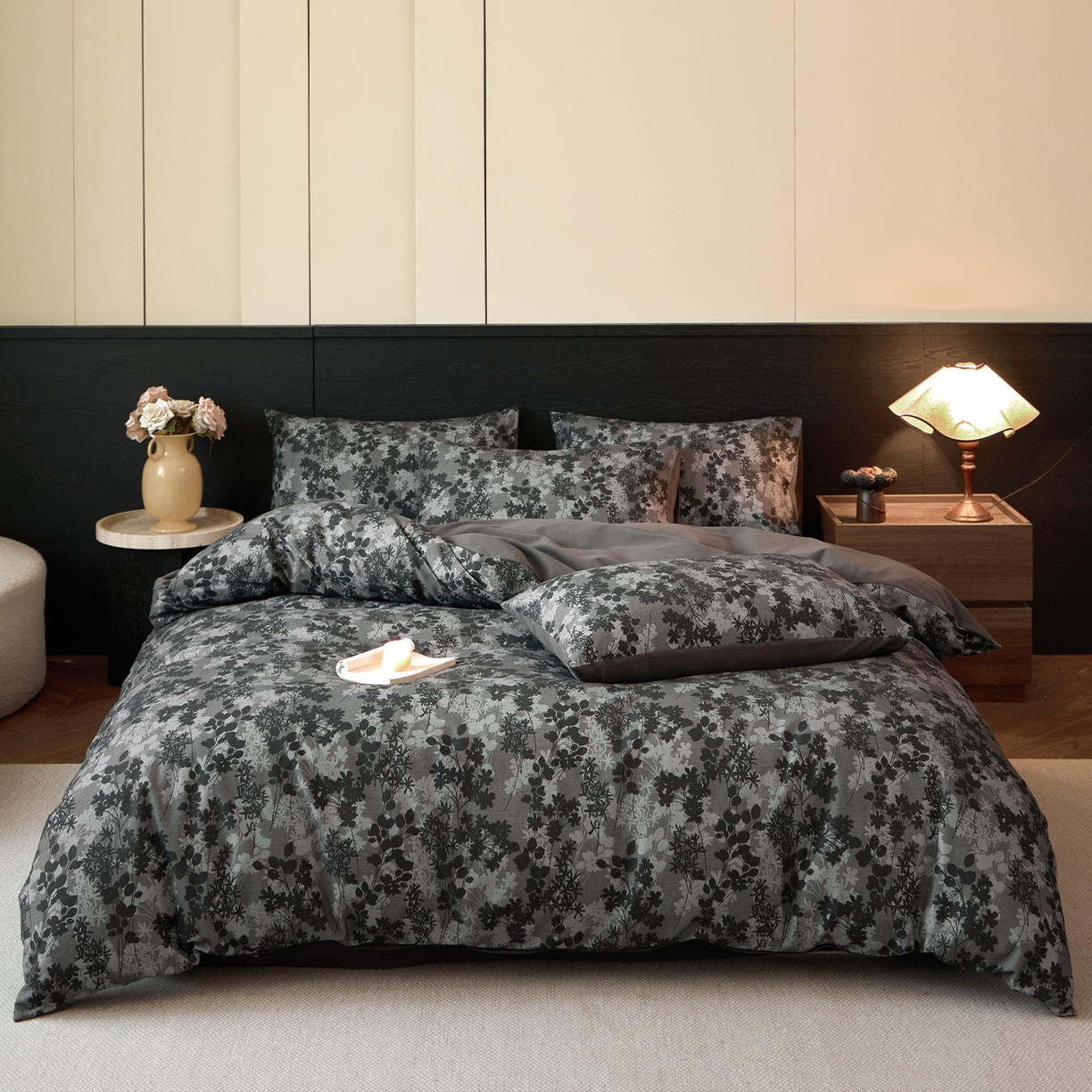 91家纺网 家纺一手货源 找家纺 蓝邻家纺 2025新款全棉纯棉加厚磨毛法式复古风四件套 漫枝-灰