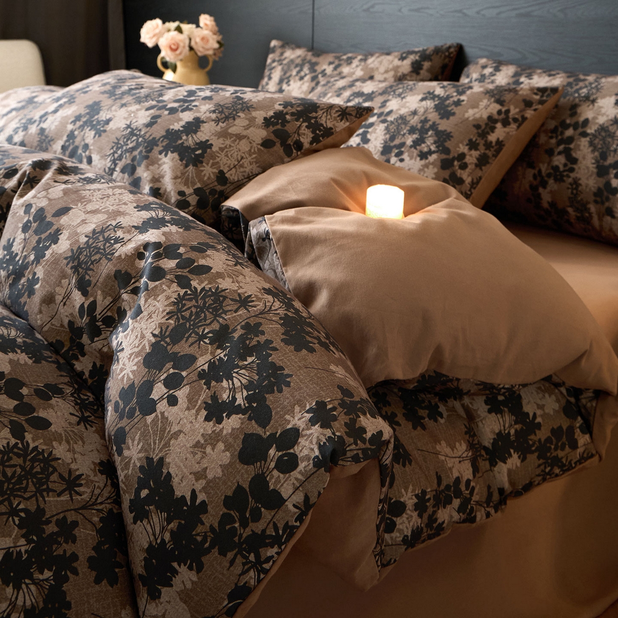 蓝邻家纺 2025新款全棉纯棉加厚磨毛法式复古风四件套 漫枝-咖