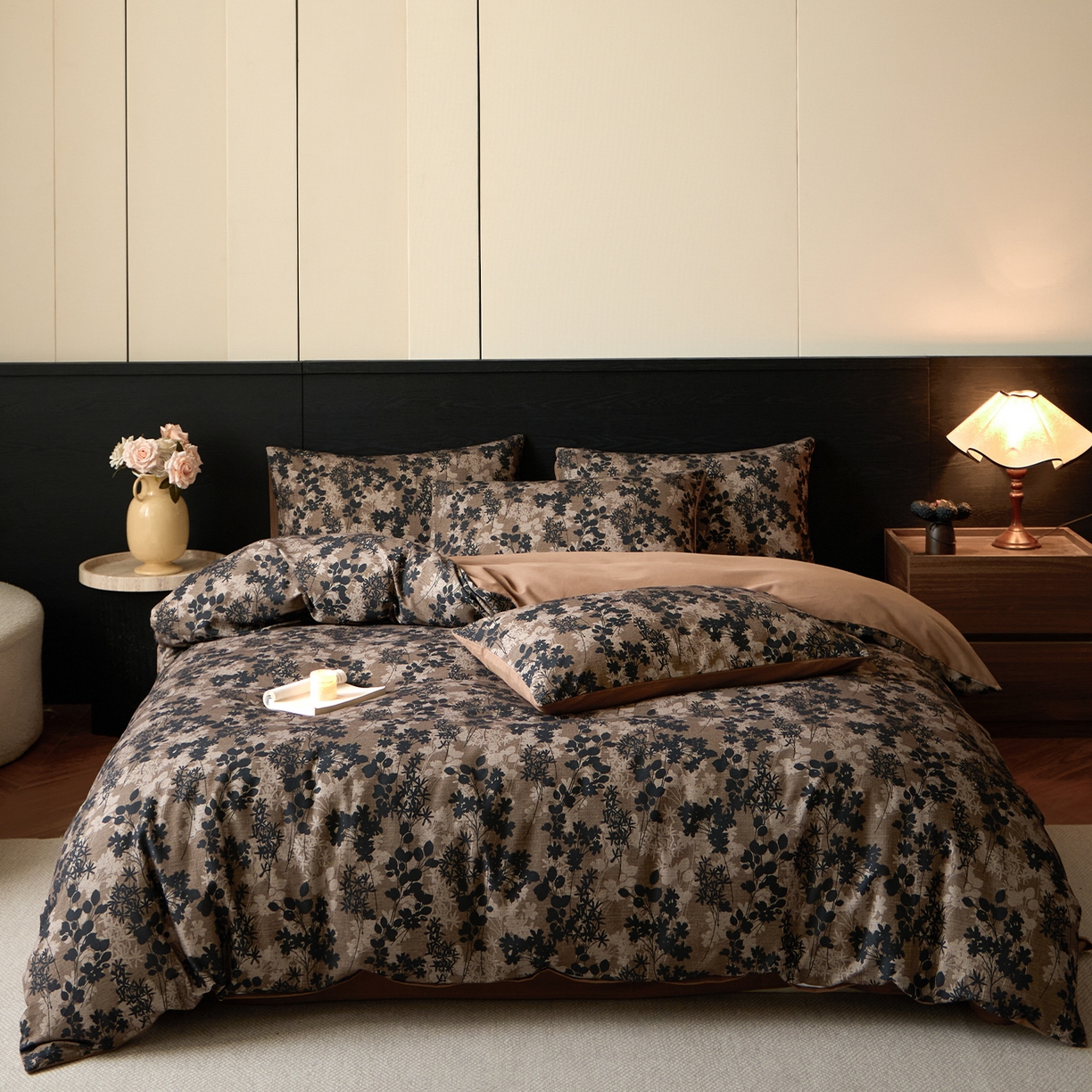 91家纺网 家纺一手货源 找家纺 蓝邻家纺 2025新款全棉纯棉加厚磨毛法式复古风四件套 漫枝-咖