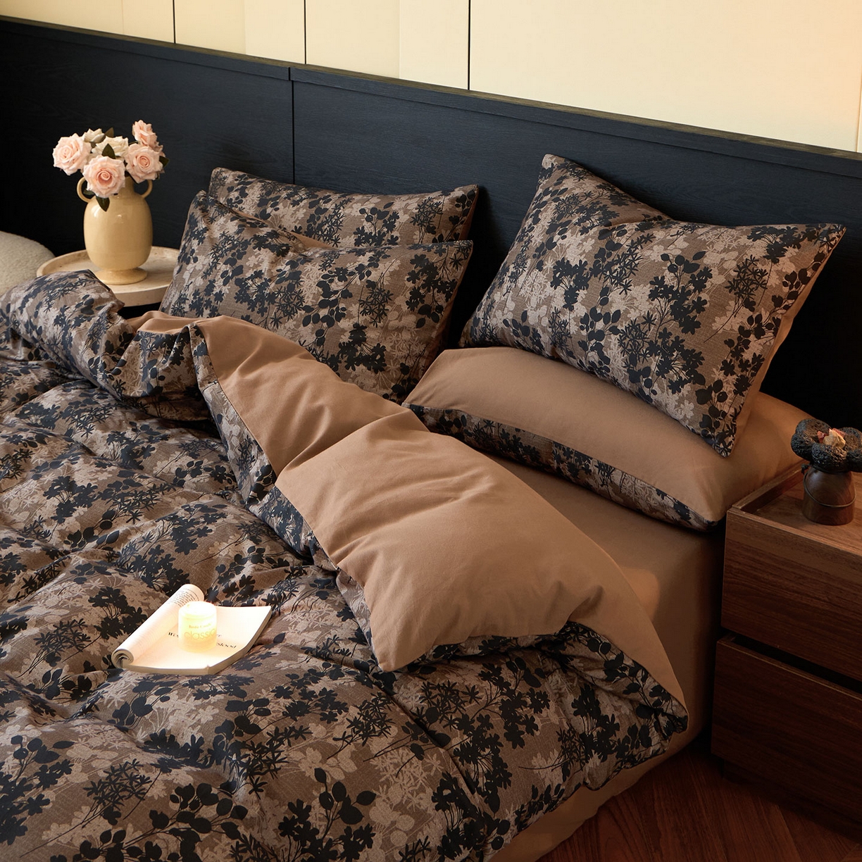 91家纺网 家纺一手货源 找家纺 蓝邻家纺 2025新款全棉纯棉加厚磨毛法式复古风四件套 漫枝-咖