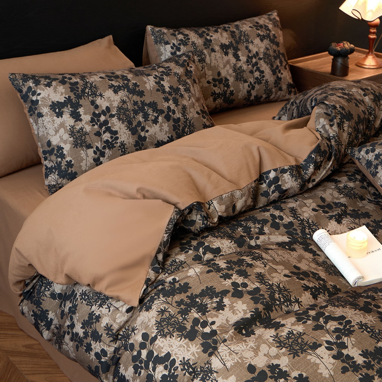 91家纺网 家纺一手货源 找家纺 蓝邻家纺 2025新款全棉纯棉加厚磨毛法式复古风四件套 漫枝-咖