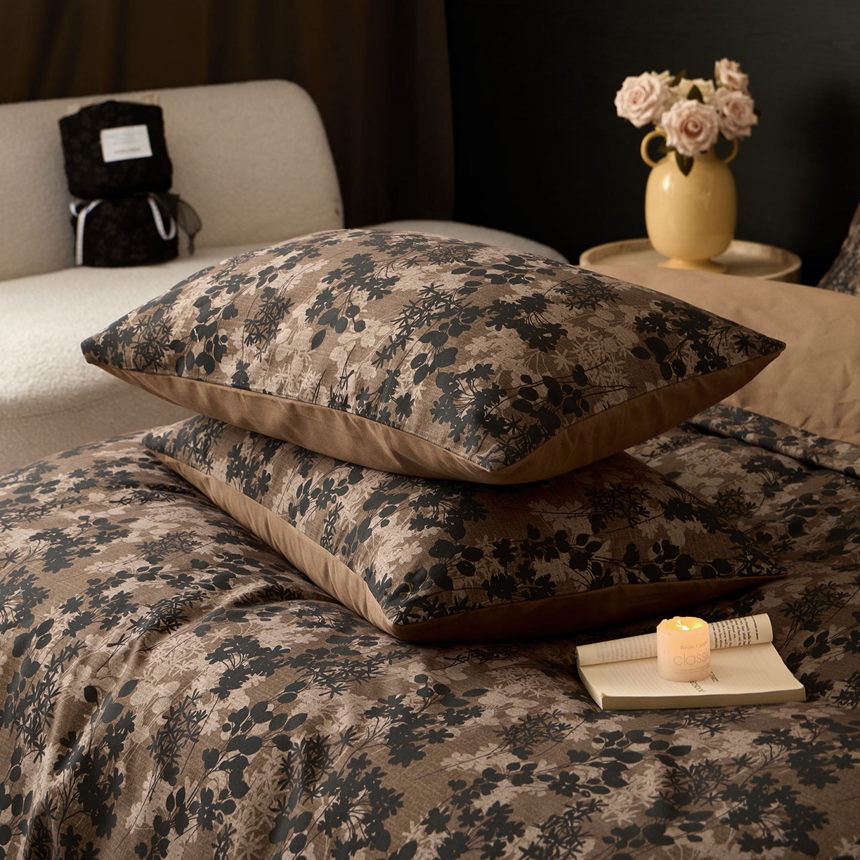 91家纺网 家纺一手货源 找家纺 蓝邻家纺 2025新款全棉纯棉加厚磨毛法式复古风四件套 漫枝-咖