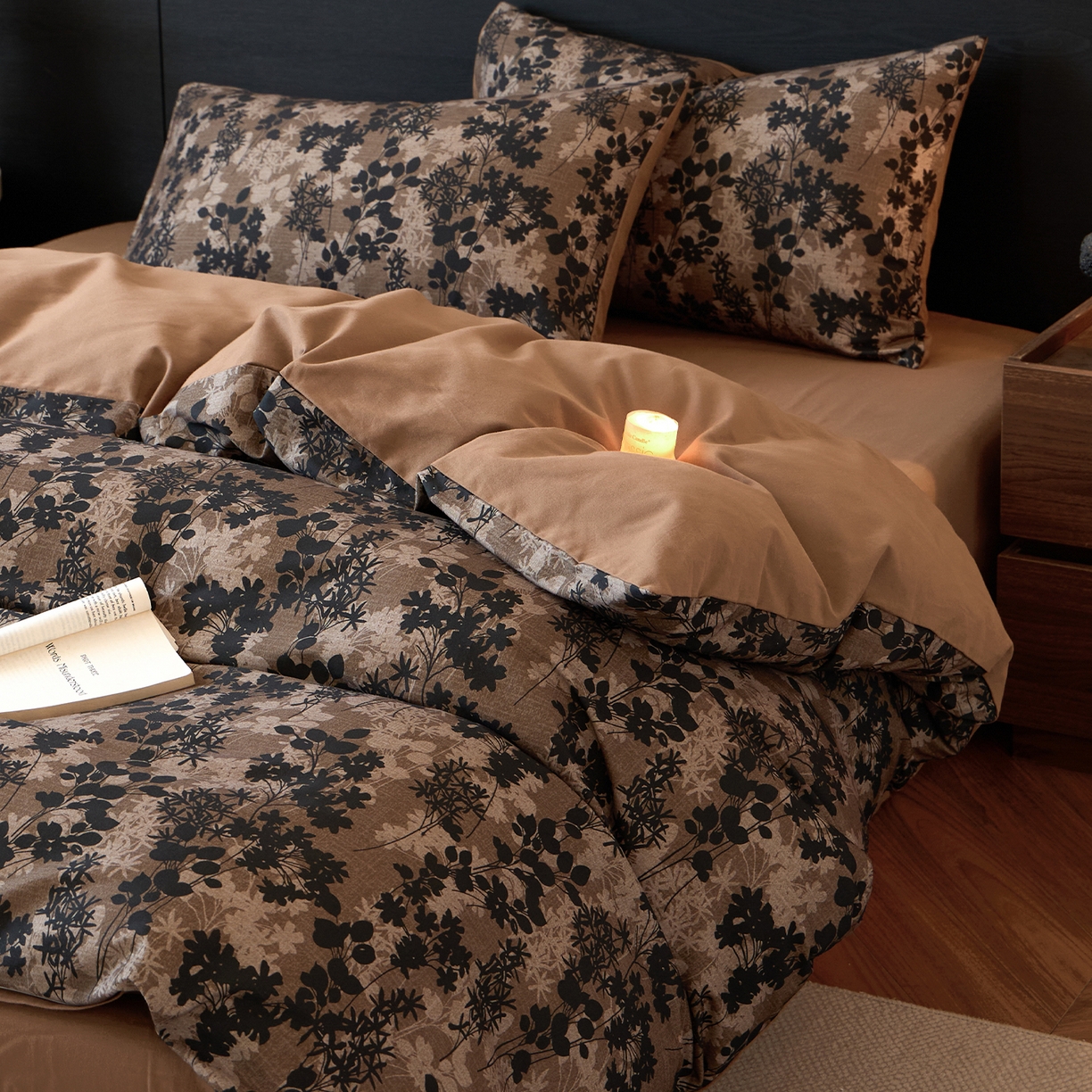 91家纺网 家纺一手货源 找家纺 蓝邻家纺 2025新款全棉纯棉加厚磨毛法式复古风四件套 漫枝-咖