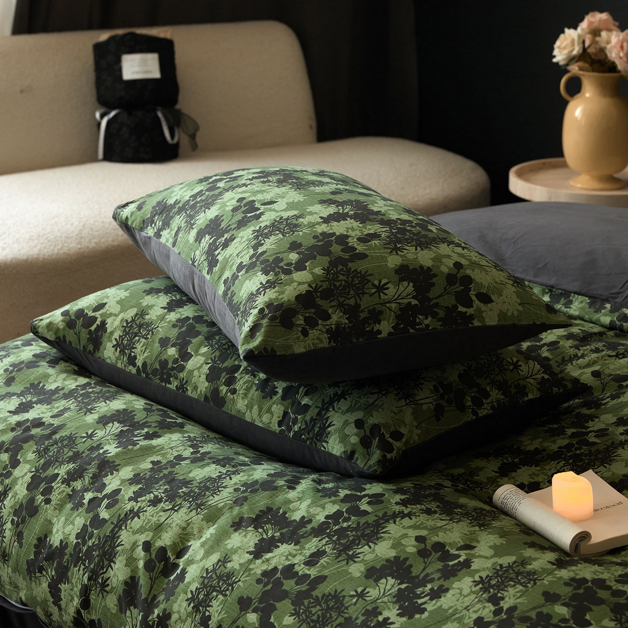 91家纺网 家纺一手货源 找家纺 蓝邻家纺 2025新款全棉纯棉加厚磨毛法式复古风四件套 漫枝-绿