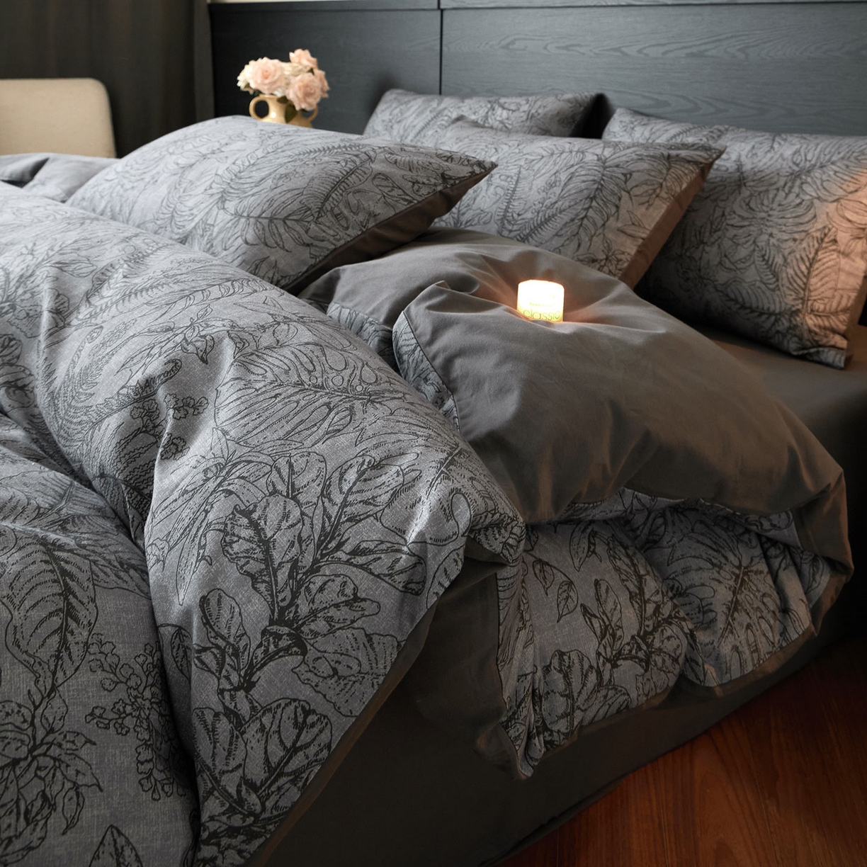 蓝邻家纺 2025新款全棉纯棉加厚磨毛法式复古风四件套 叶语-蓝