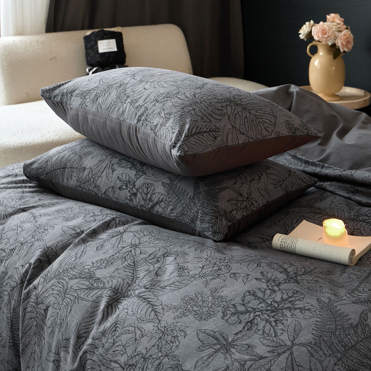 91家纺网 家纺一手货源 找家纺 蓝邻家纺 2025新款全棉纯棉加厚磨毛法式复古风四件套 叶语-蓝