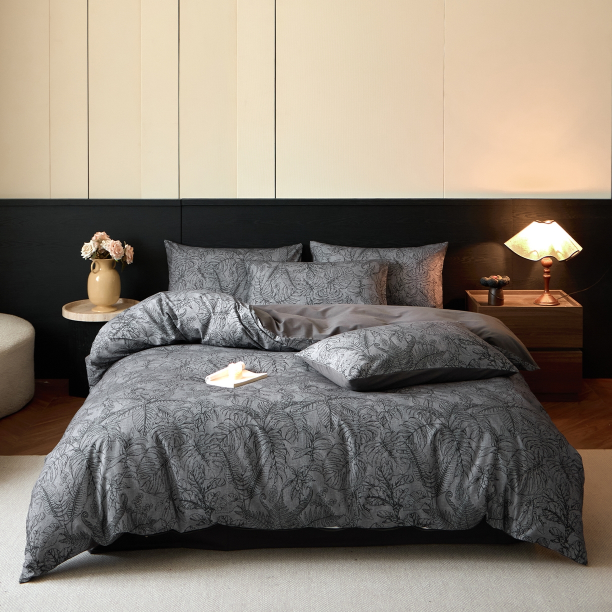 91家纺网 家纺一手货源 找家纺 蓝邻家纺 2025新款全棉纯棉加厚磨毛法式复古风四件套 叶语-蓝