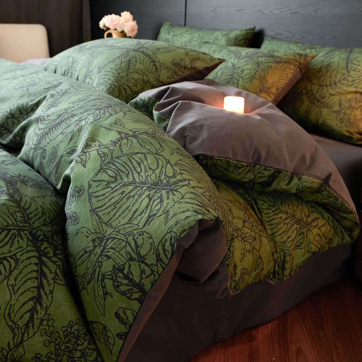 蓝邻家纺 2025新款全棉纯棉加厚磨毛法式复古风四件套 叶语-绿