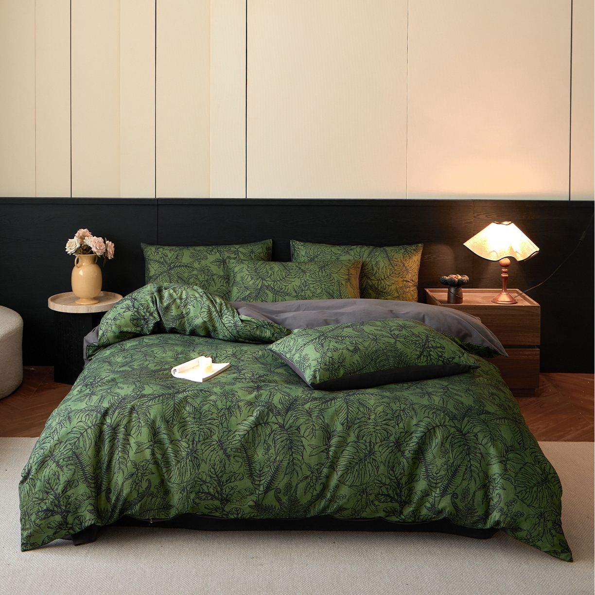 91家纺网 家纺一手货源 找家纺 蓝邻家纺 2025新款全棉纯棉加厚磨毛法式复古风四件套 叶语-绿