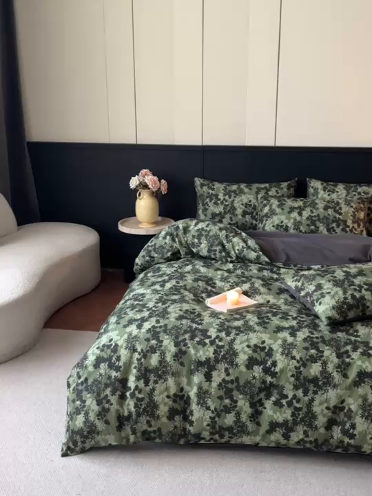 91家纺网 家纺一手货源 找家纺 蓝邻家纺 2025新款全棉纯棉加厚磨毛法式复古风四件套 漫枝-绿