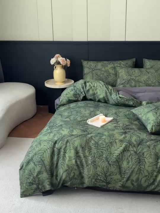 91家纺网 家纺一手货源 找家纺 蓝邻家纺 2025新款全棉纯棉加厚磨毛法式复古风四件套 叶语-绿