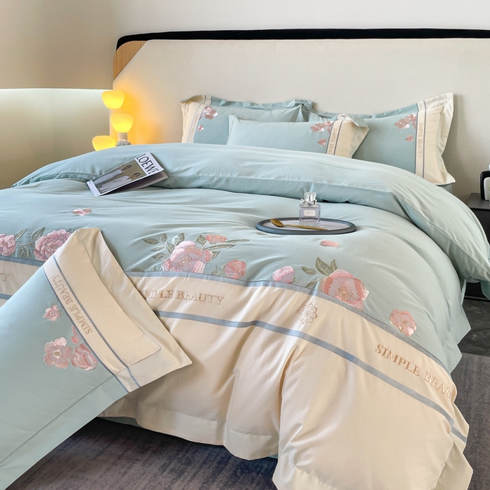 91家纺网 家纺一手货源 找家纺 桃园 2025新款A类长绒棉纯棉不掉毛磨毛高端礼盒四件套-半亩花田 半亩花田-飘蓝