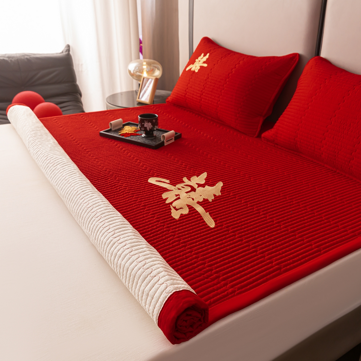 91家纺网 家纺一手货源 找家纺 卓缦家纺 2025新款婚庆加厚软床垫软床笠三件套婚庆床单床盖 喜嫁-床笠