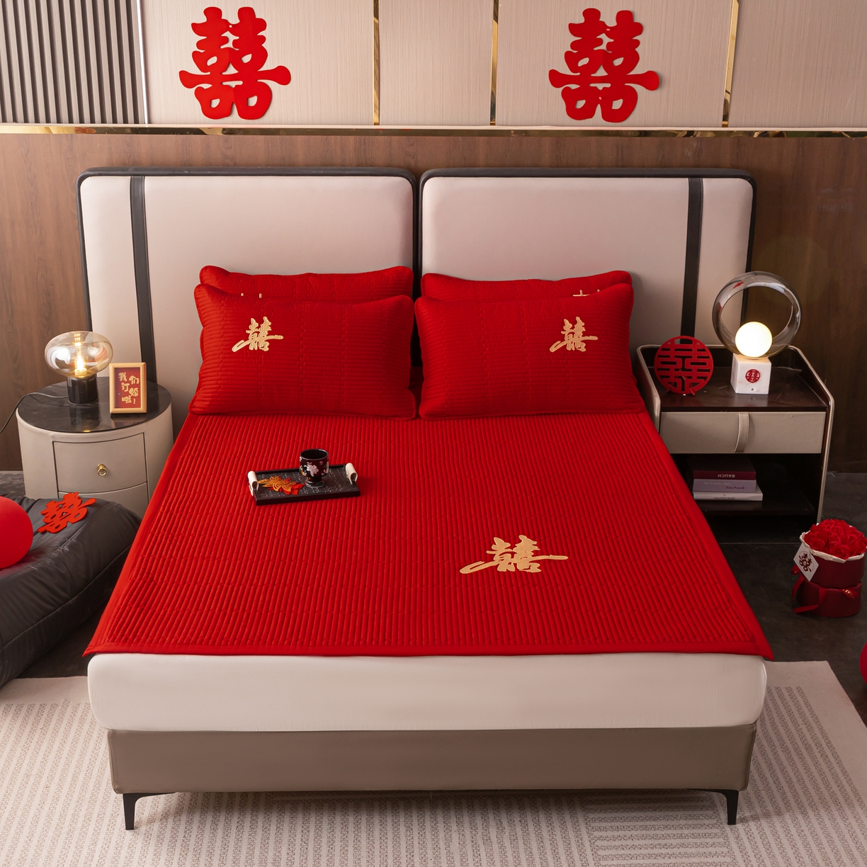 91家纺网 家纺一手货源 找家纺 卓缦家纺 2025新款婚庆加厚软床垫软床笠三件套婚庆床单床盖 喜嫁-床笠