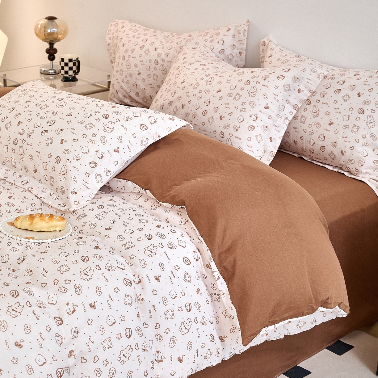 91家纺网 家纺一手货源 找家纺 锦罗绣 2025新款全棉双层纱印花单被套（第二批） 咖啡兔