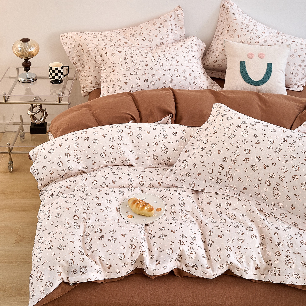 91家纺网 家纺一手货源 找家纺 锦罗绣 2025新款全棉双层纱印花单被套（第二批） 咖啡兔