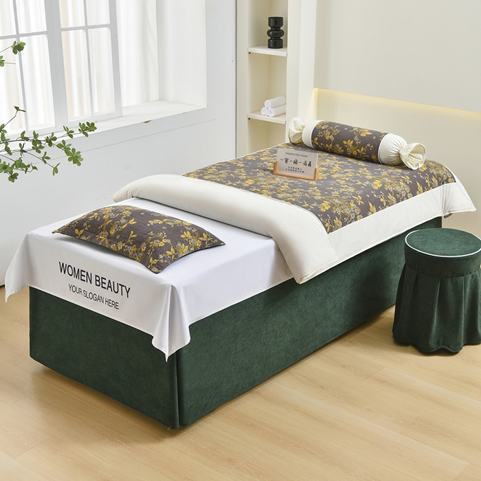 91家纺网 家纺一手货源 找家纺 不打烊家纺 2025新款全棉有氧双层纱羊毛尼美容床罩系列套件-梅花颂 梅花颂-墨绿