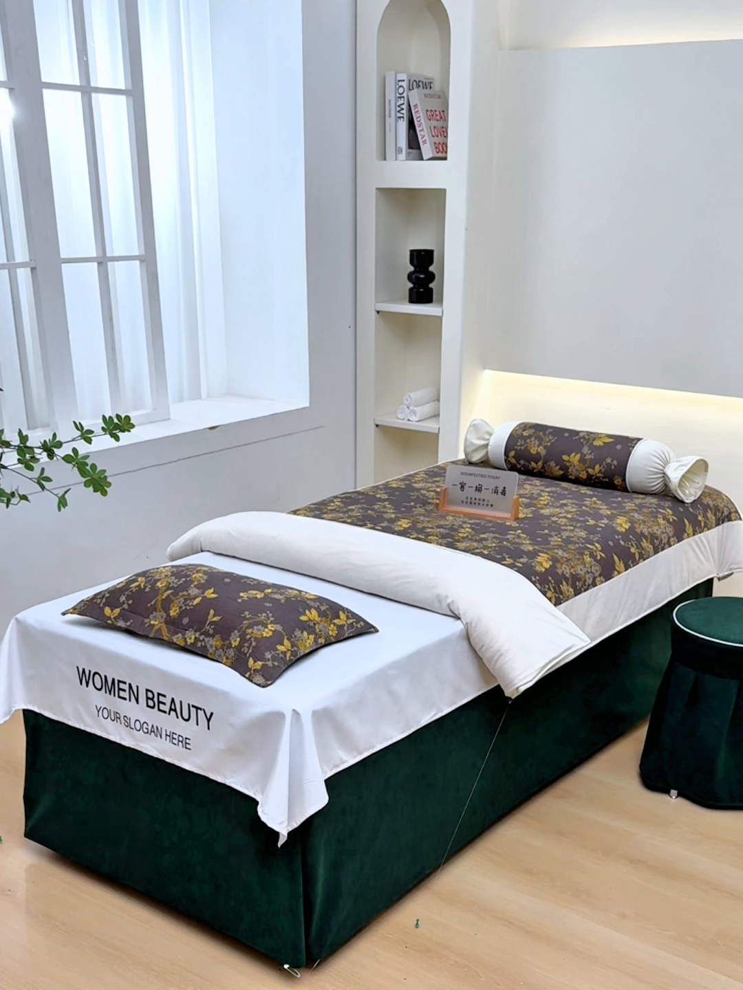 91家纺网 家纺一手货源 找家纺 不打烊家纺 2025新款全棉有氧双层纱羊毛尼美容床罩系列套件-梅花颂 梅花颂-墨绿